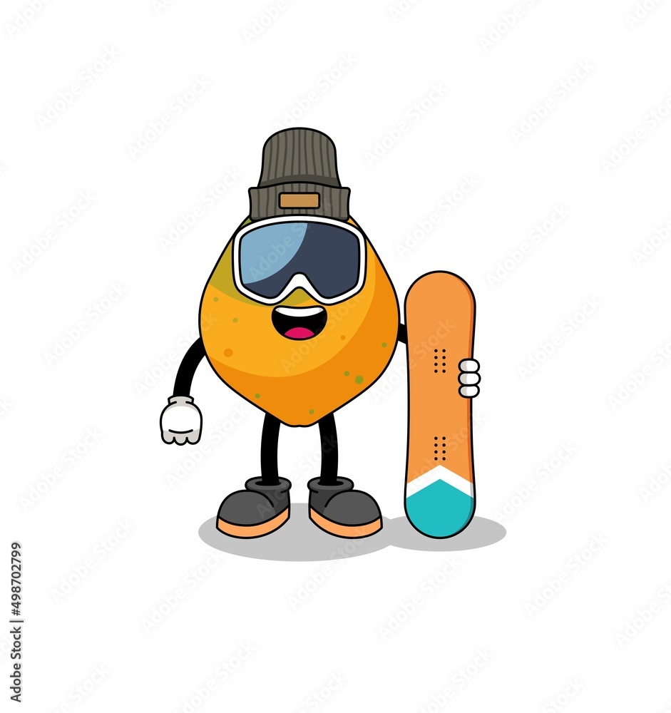 Obraz premium Mascot cartoon of papaya fruit snowboard player