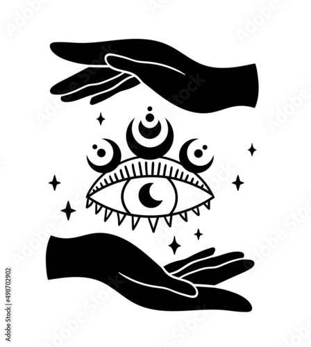 Mystical witch hands with evil eye and moon phases isolated clipart, celestial boho hands holding the third eye, silhouette esoteric symbols, black and white vector