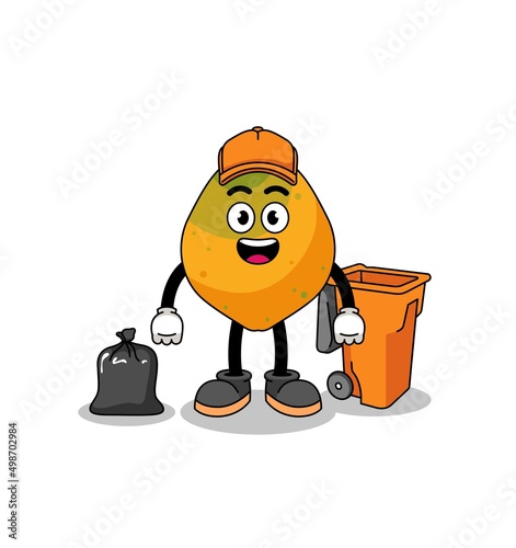 Illustration of papaya fruit cartoon as a garbage collector