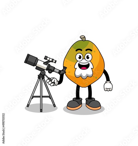 Illustration of papaya fruit mascot as an astronomer