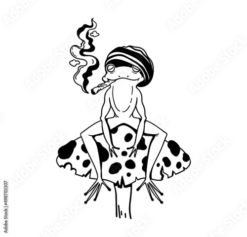 Funny smoking frog isolated clip art, Hiipie frog with weed, cute toad sitting on mushroom, Hand drawn mystical vector character