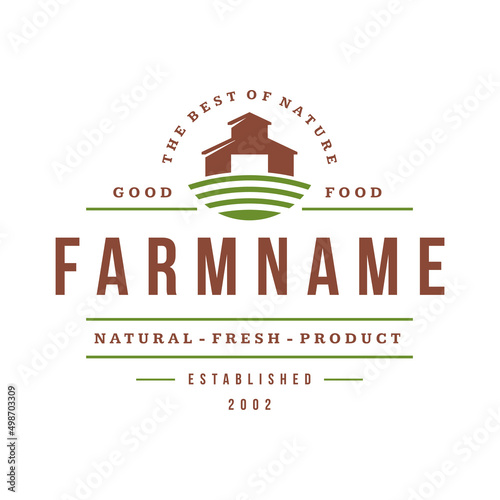 Farmers market logo template vector illustration. Farmer logotype or badge design. Trendy retro style farm barn silhouette.