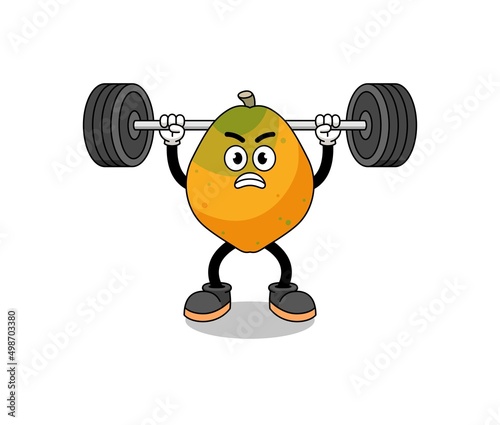 papaya fruit mascot cartoon lifting a barbell