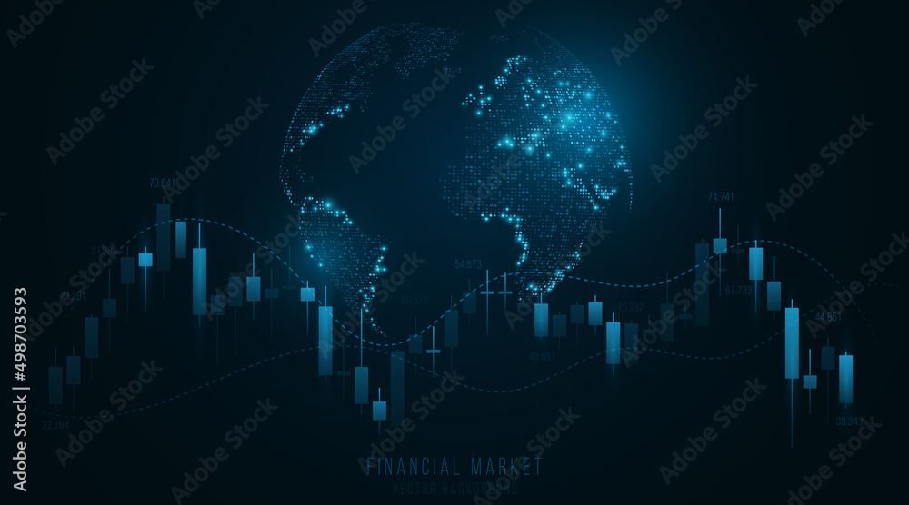 Chart of investment financial data with glowing planet. World stock market investment trading graph. Business technology concept. Vector illustration