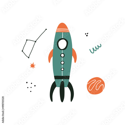 Blue Cartoon rocket poster with abstract shapes in hand drawn style. Perfect for t-shirt, apparel, cards, poster, nursery decoration. Isolated on white background vector illustration
