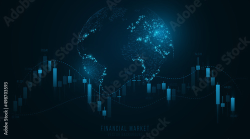 Chart of investment financial data with glowing planet. World stock market investment trading graph. Business technology concept. Vector illustration