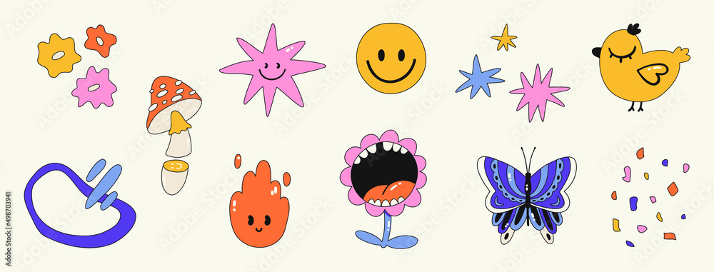 Set of various funny stickers, patches, pins. Collection of icons - mushroom, butterfly, flowers, flame. Hand drawn trendy Vector illustration. Cartoon style. All elements are isolated.