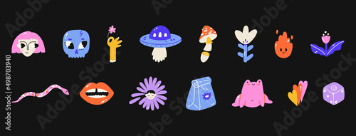Set of different colored funny icons. Bright positive stickers. Hand drawn Abstract funny cute characters. Vector illustrations. Cartoon style. All elements are isolated.