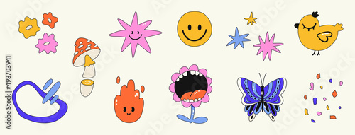 Set of various funny stickers, patches, pins. Collection of icons - mushroom, butterfly, flowers, flame. Hand drawn trendy Vector illustration. Cartoon style. All elements are isolated.