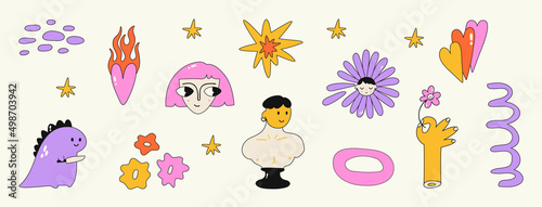 Set of various funny stickers, patches, pins. Collection of icons - flowers, dinosaur, antique sculpture, heart. Hand drawn trendy Vector illustration. Cartoon style. All elements are isolated.