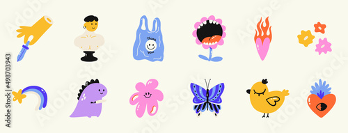 Set of different colored funny icons. Bright positive stickers. Hand drawn Abstract funny cute characters. Vector illustrations. Cartoon style. All elements are isolated.