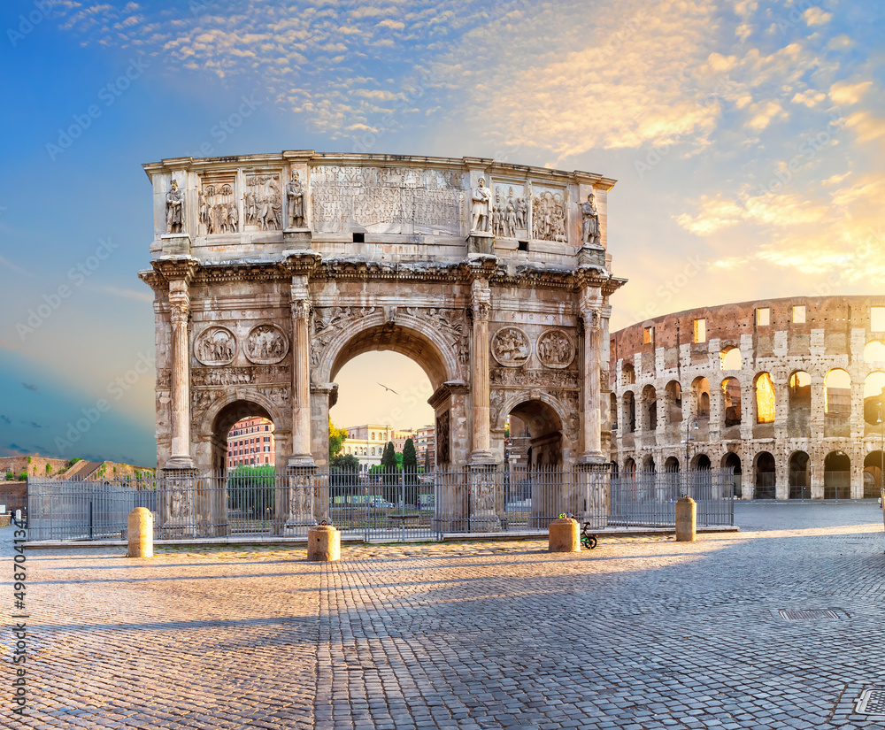 The Arch of Constantine near the Coliseum, famous ancient triumphal arch of Rome, Italy