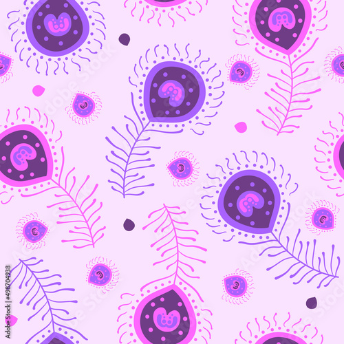 Peacock feathers vector seamless pattern background.
