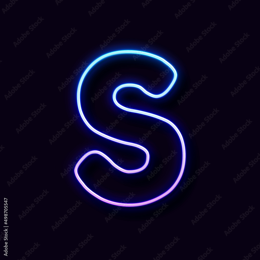Bright Neon Font. Letter S, on Black Background