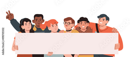 Fototapeta Naklejka Na Ścianę i Meble -  Group of smiling young men and women holding blank banner. Happy people standing together. Male and female protesters or activists. Hand drawn vector  flat cartoon style illustration. 