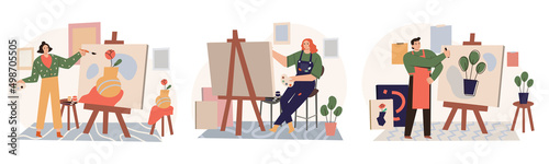 Set of artists painting or drawing on canvas in a studio. Cartoon colorful hand drawn vector illustration in flat style