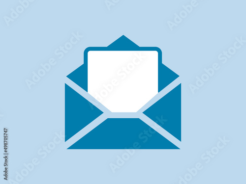 An open blue envelope with a letter on an isolated background. A mail icon with a blank white card for text. Vector illustration for email newsletters