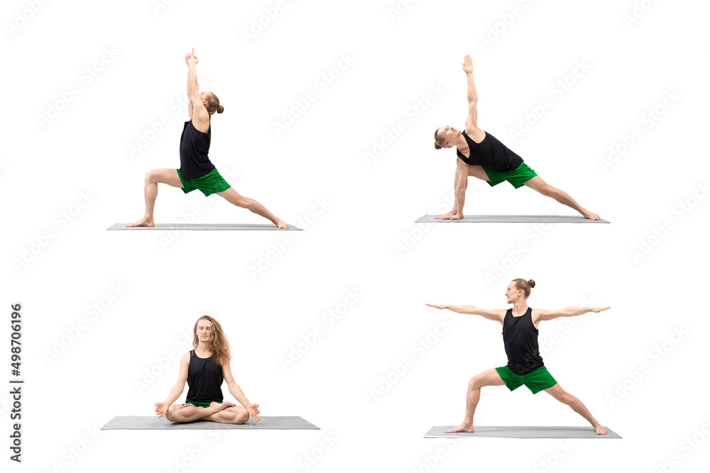 Obraz premium Collage of male yoga. 30 years old athletic caucasian blond long-haired man practice balance asanas and lotus pose, exercise set, isolated on white.