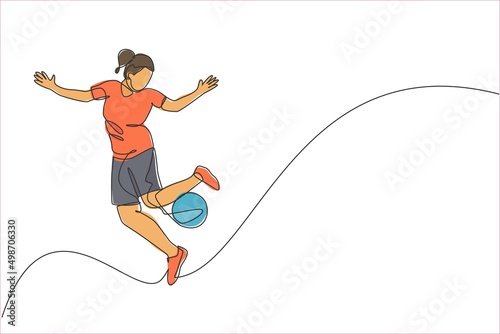 One single line drawing young happy woman perform soccer freestyle, juggling ball at the city square vector illustration graphic. Football freestyler sport concept. Modern continuous line draw design
