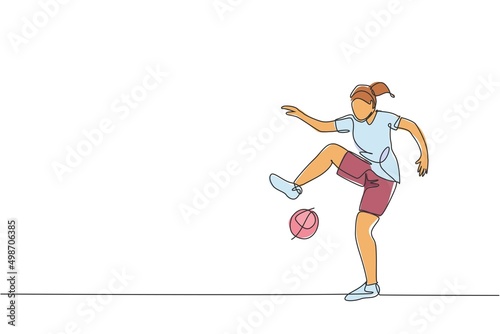 One continuous line drawing of young sporty man soccer freestyler player practice juggling the ball in the street. Football freestyle sport concept. Dynamic single line draw design vector illustration