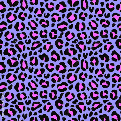 Leopard print in pink and blue. Abstract leopard skin seamless pattern in cartoon style.
