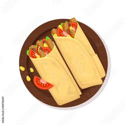 Burrito, fast food menu snack, doner, shawarma vector snack sandwich. Fastfood restaurant, street food delivery and takeaway meals, Mexican burrito roll, gyros or shawarma doner sandwich