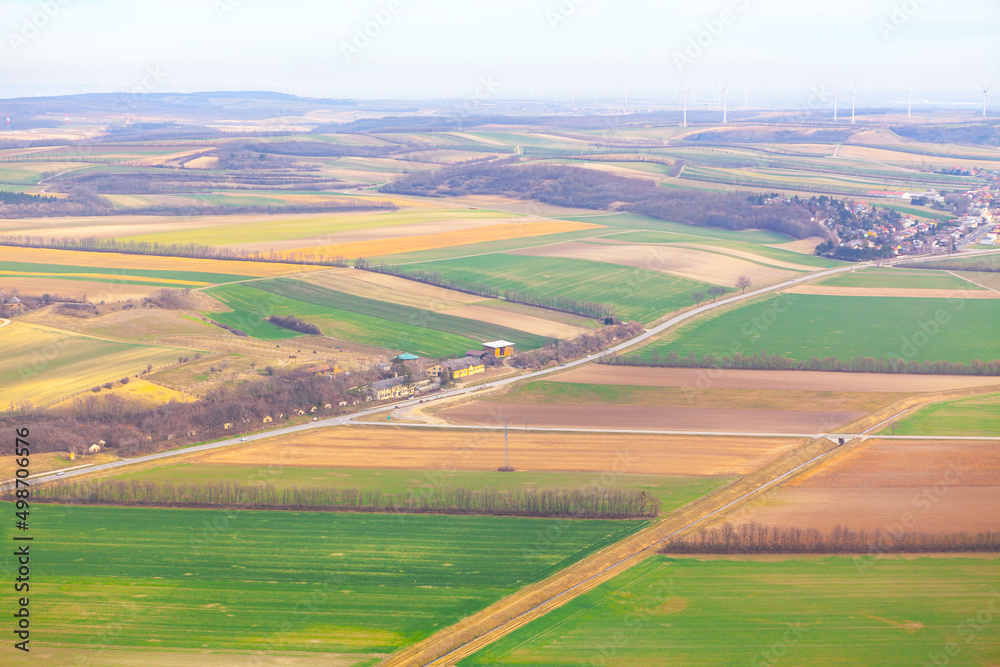 Agricultural fields view from above . Flight over the countryside