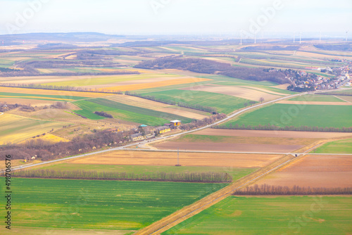 Agricultural fields view from above . Flight over the countryside