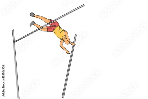 One continuous line drawing of young sporty man practicing to pass pole vault bar in the field. Healthy athletic sport concept. Championship event. Dynamic single line draw design vector illustration photo