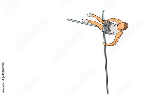 Single continuous line drawing of young sportive man training pole vault through the bar in the field. Healthy athletic sport concept. Tournament event. Trendy one line draw design vector illustration