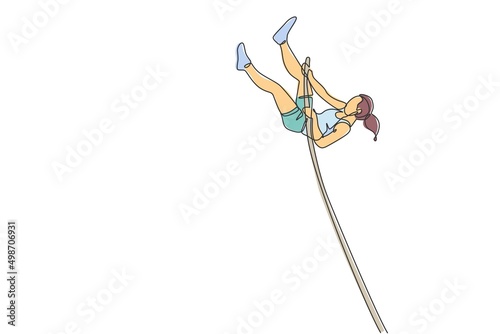 One single line drawing of young energetic woman exercise pole vault jump through the bar vector illustration. Healthy athletic sport concept. Competition event. Modern continuous line draw design