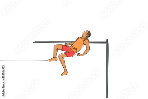 Single continuous line drawing of young sportive man training to pass the bar in high jump game in the field. Healthy athletic sport concept. Tournament event. One line draw design vector illustration