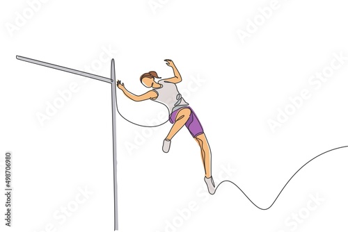 One single line drawing of young energetic woman exercise to pass the bar on high jump games vector illustration. Healthy athletic sport concept. Competition event. Modern continuous line draw design