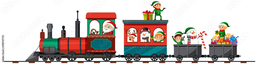 Santa and christmas elves on the train - obrazy, fototapety, plakaty 