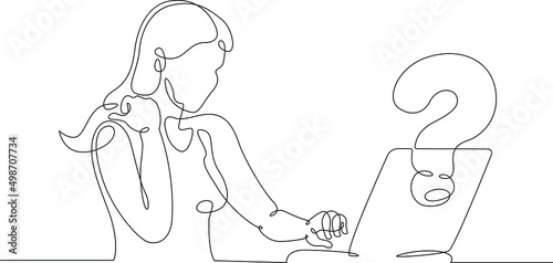 One continuous line.Woman is sitting at a laptop. Search for an answer to a question on the Internet. Computer work.One continuous line drawing. Line Art isolated white background.