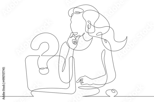 One continuous line.Woman is sitting at a laptop. Search for an answer to a question on the Internet. Computer work.One continuous line drawing. Line Art isolated white background.