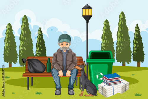 Homeless man sitting and a dog in the park