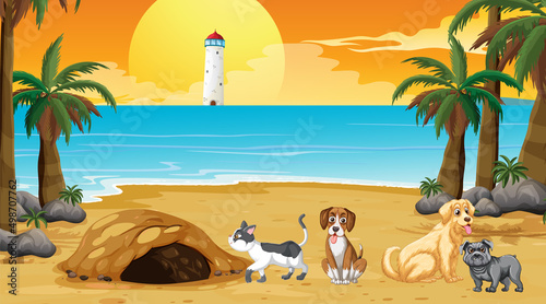Set of different domestic animals on the beach scene