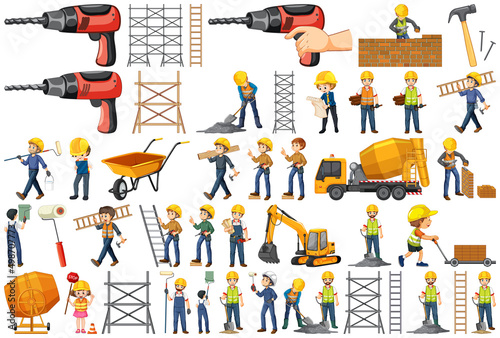 Set of construction site objects and workers