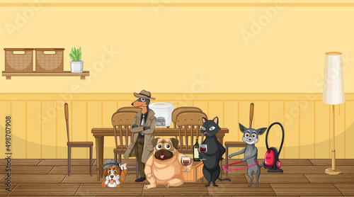 Set of different domestic animals in kitchen
