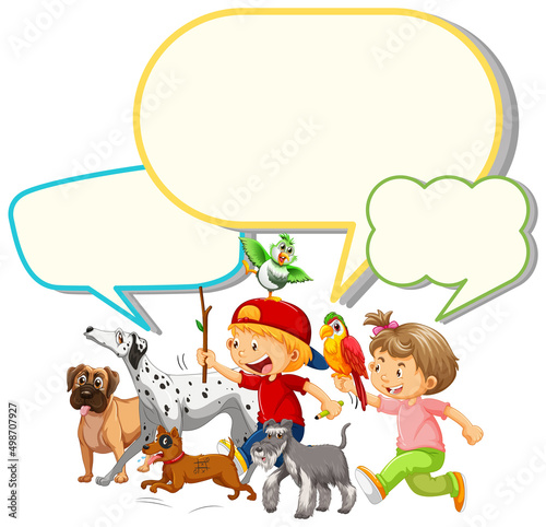 Speech bubble template with kids and pets
