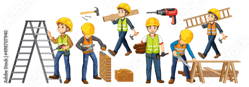 Group of construction workers cartoon characters