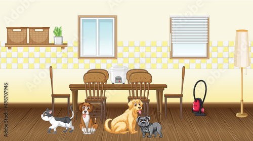 Set of different domestic animals in kitchen