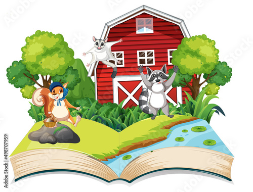 Opened fantasy book with cute animals