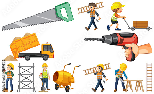 Construction worker set with people at work