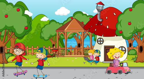 A simple house with kids  in nature background