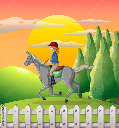 A girl riding on a horse at natural scene