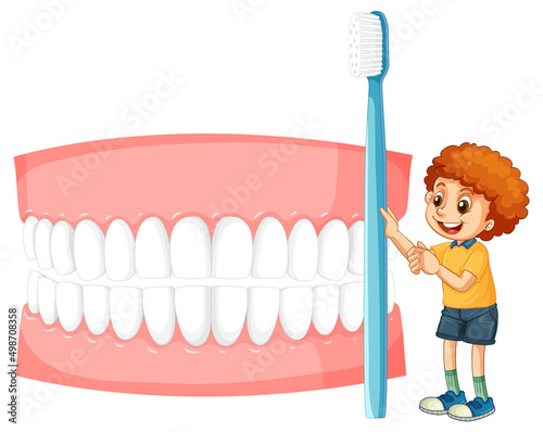 A little boy holding toothbrush with whiten teeth on white background