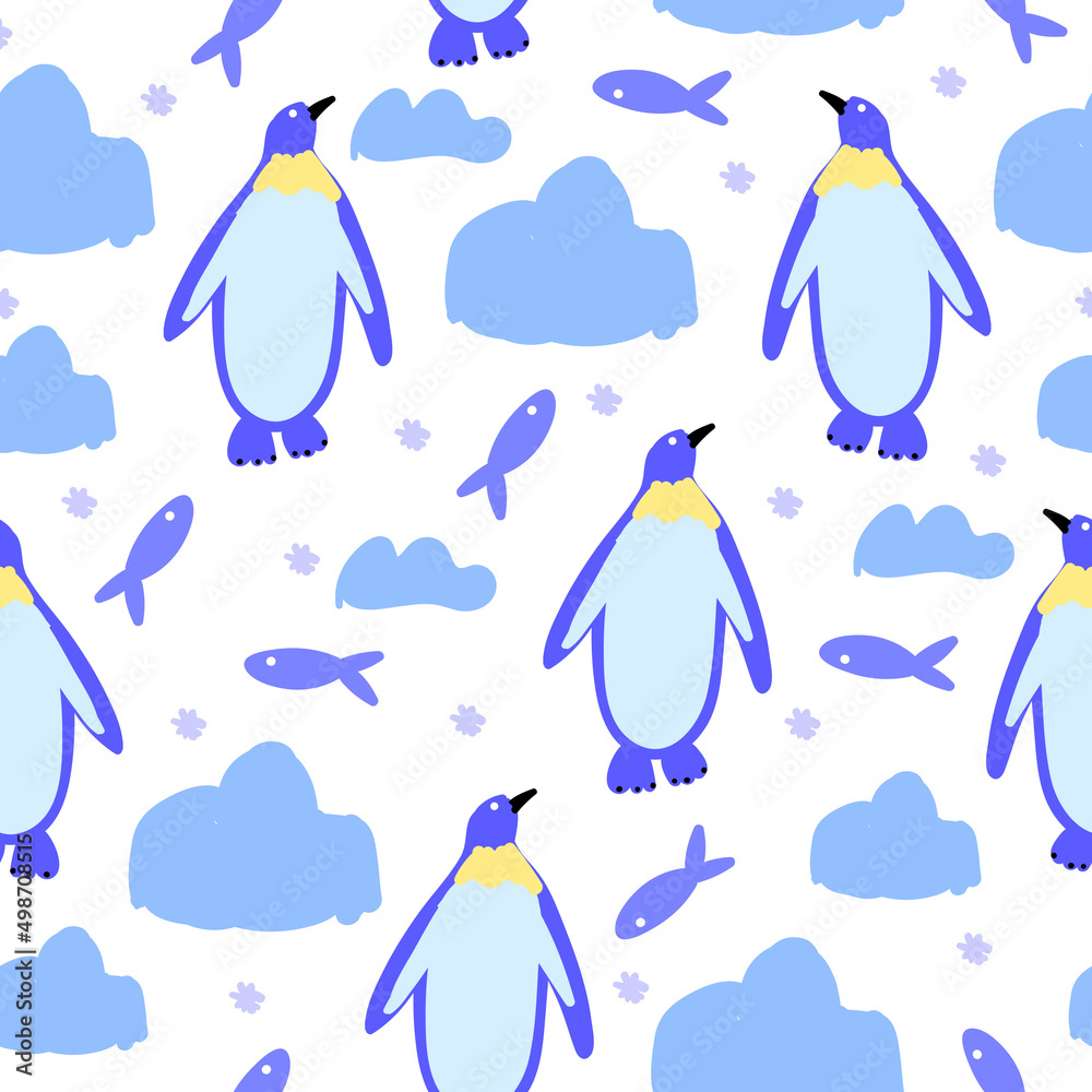 Obraz premium Seamless pattern of cute penguins, fish on pole isolated on white background.