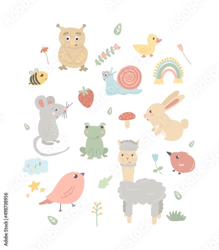 Fototapeta Naklejka Na Ścianę i Meble -  Vector hand drawn set of cartoon animals and birds. Illustrations of alpaca, mouse, frog, hare. cute animals.